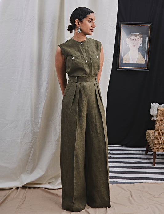 Etienne Trousers Straight Leg Khaki Linen